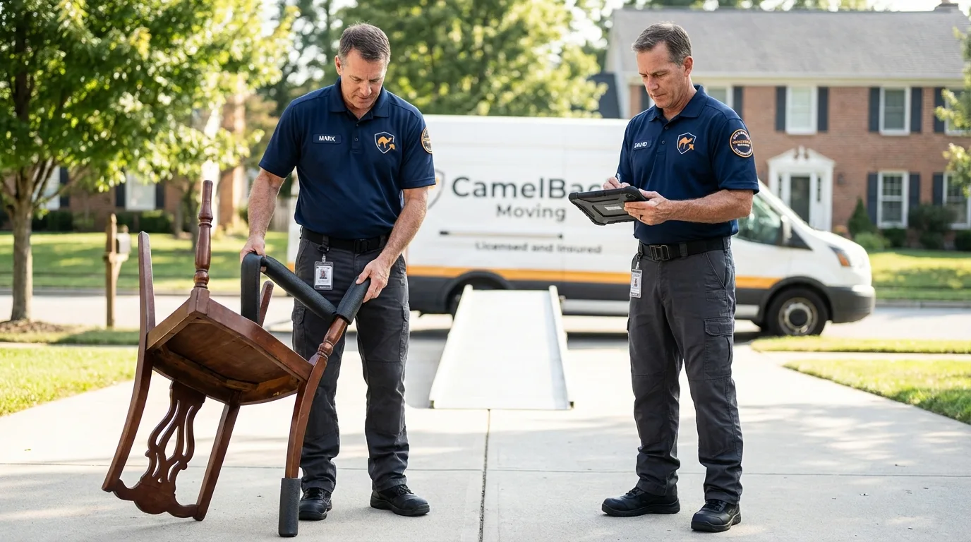 Movers inspecting furniture for damage prevention before loading in Shafer, MN